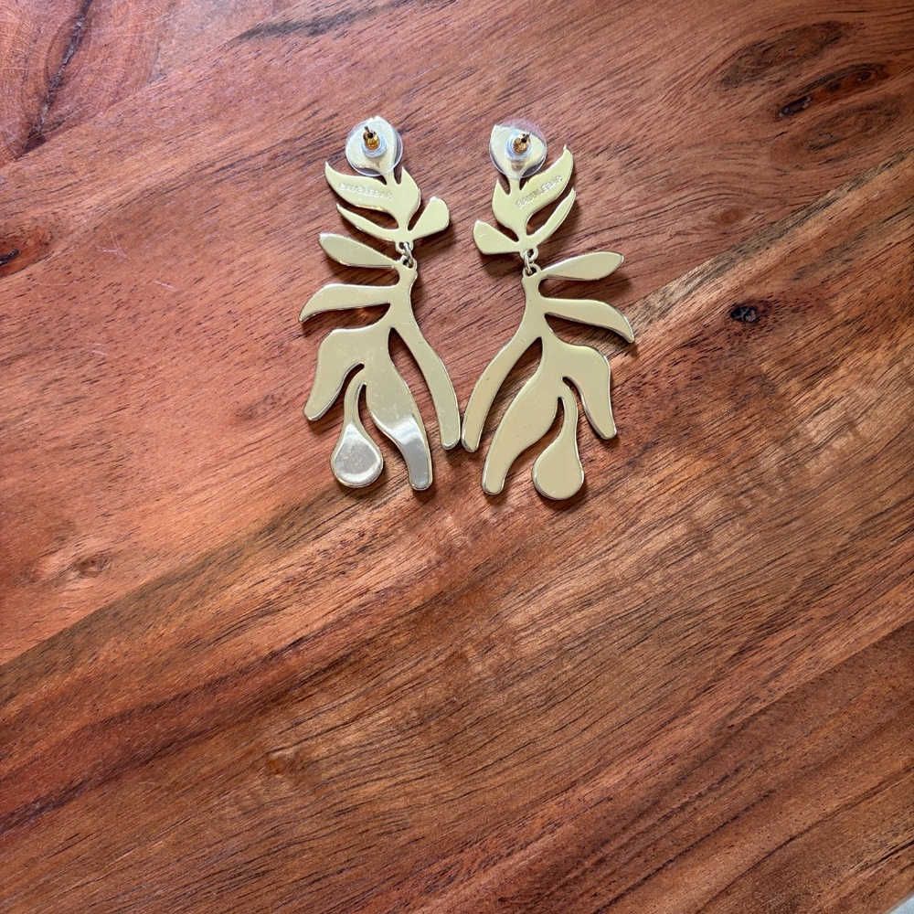 BaubleBar Gold Abstract Palm Fronds Drop Earrings Pink Accent Statement 3” - Picture 3 of 3